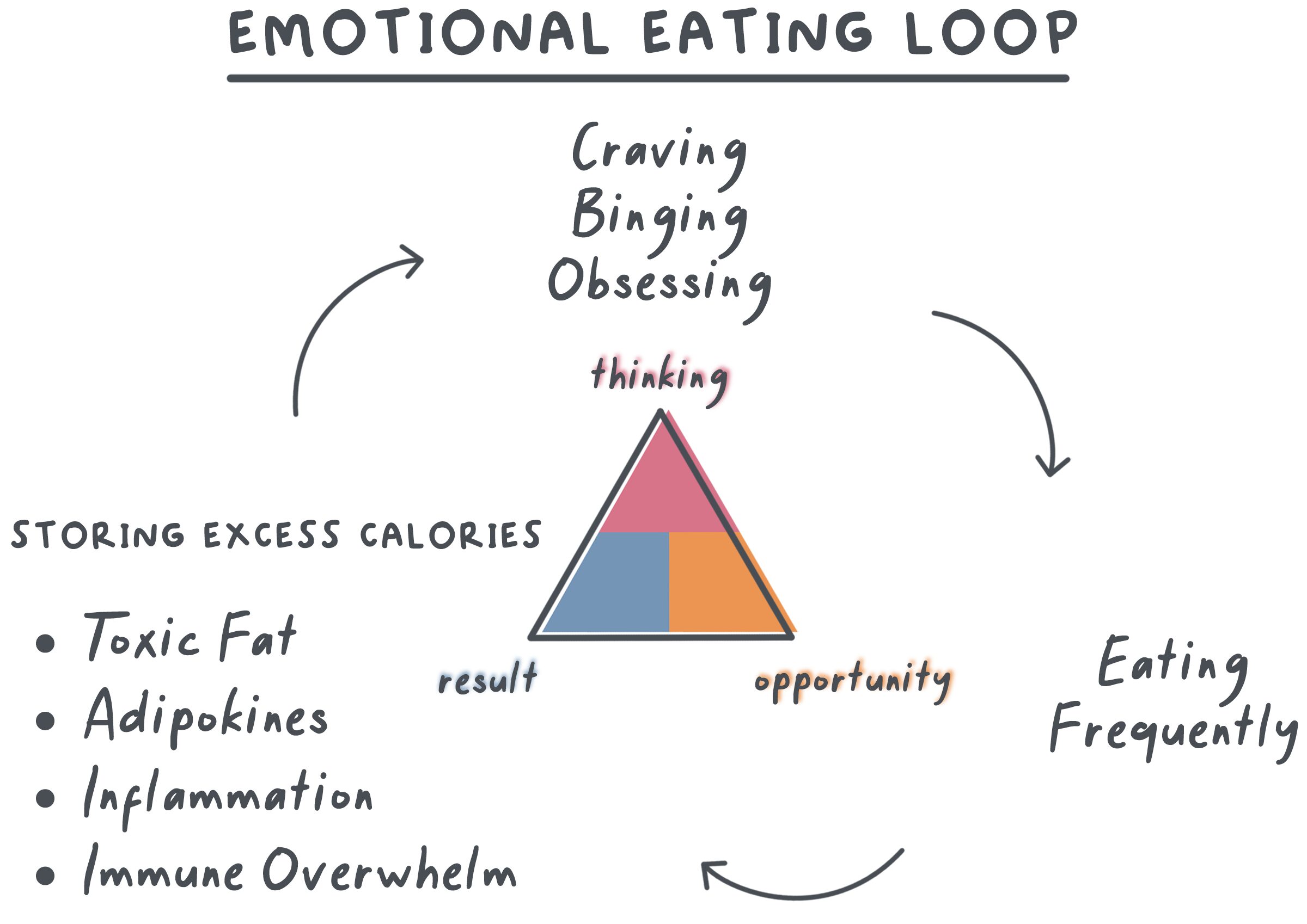Diagram illustrating the emotional eating loop: stress triggers cravings, cravings lead to inflammation, inflammation creates more stress