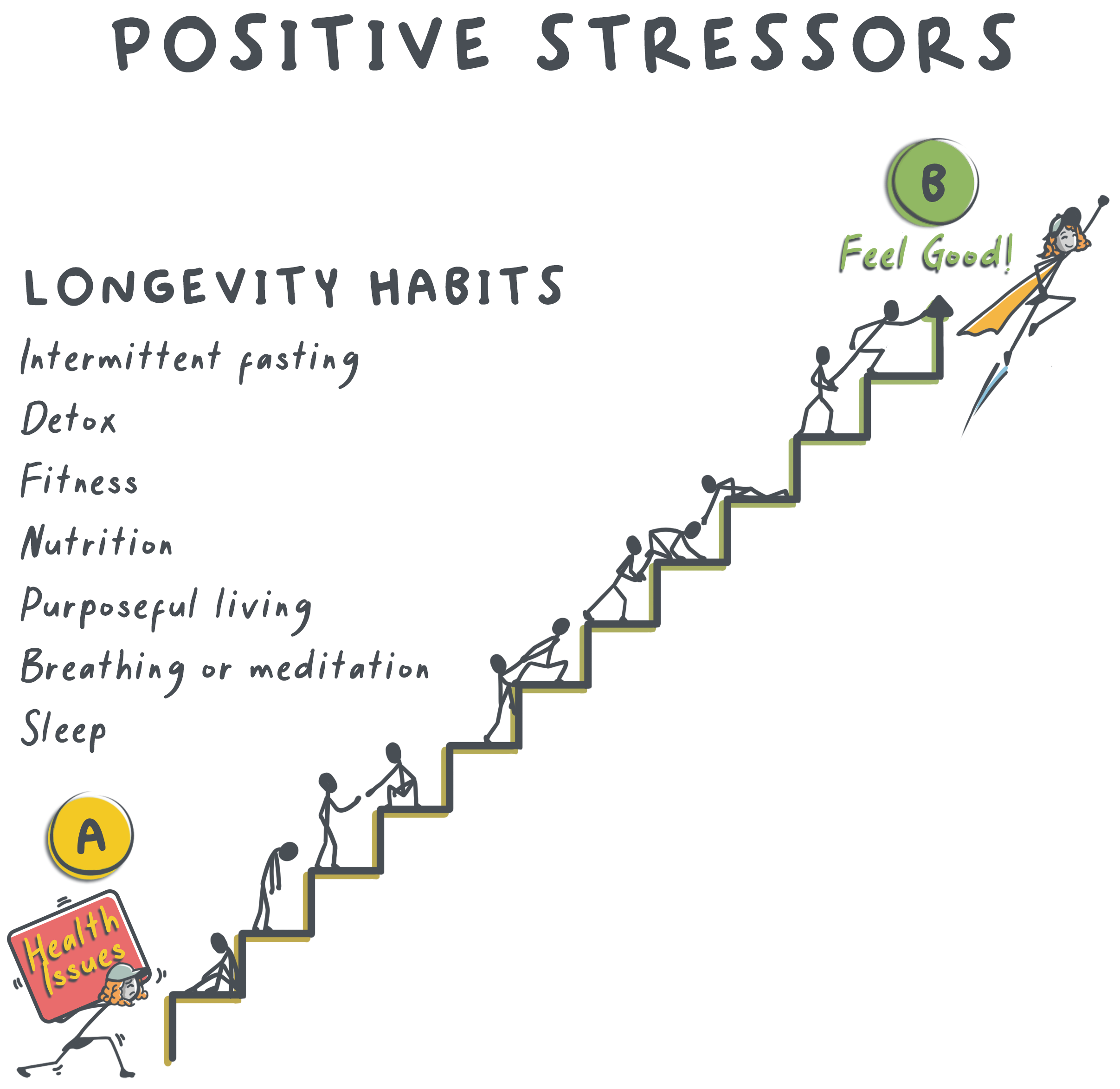 Positive stressors: longevity habits form a staircase from health issues up to feeling good